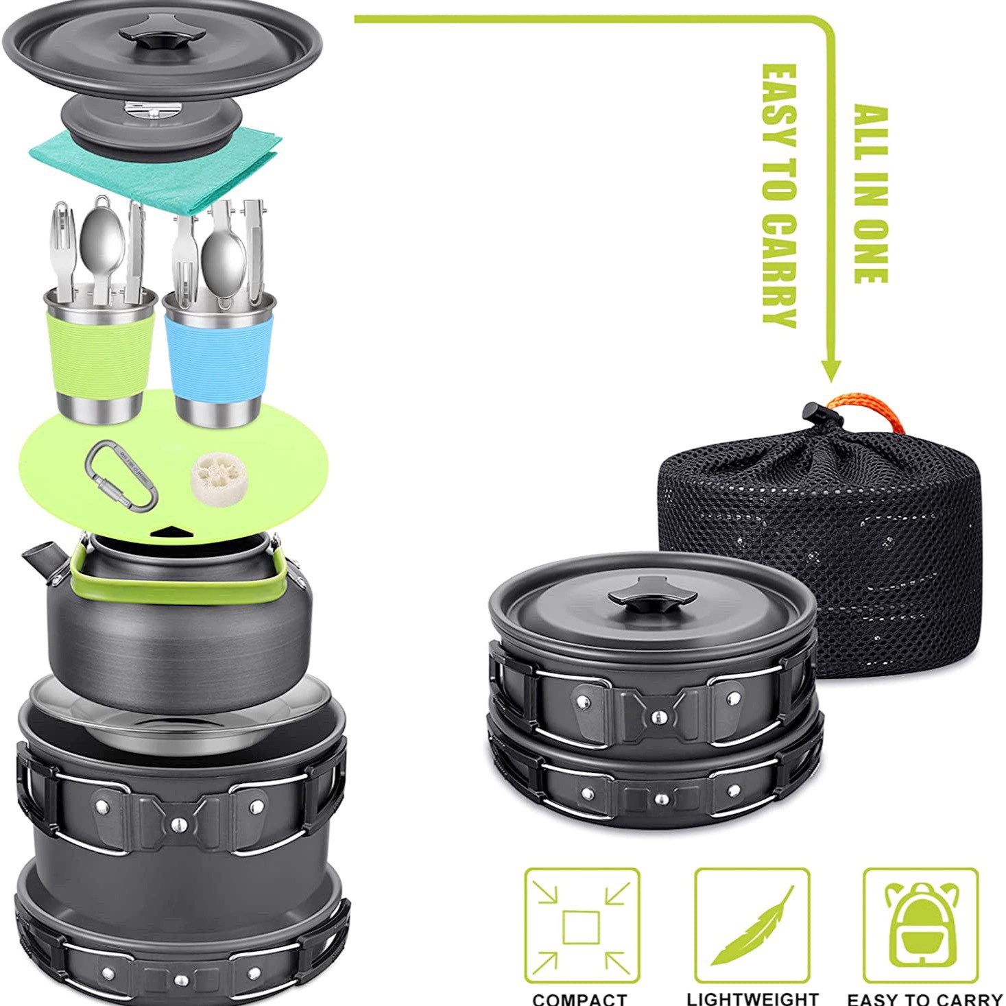Camping Cooking Gear Set - Outdoor Camping kookset met waterkoker, 304