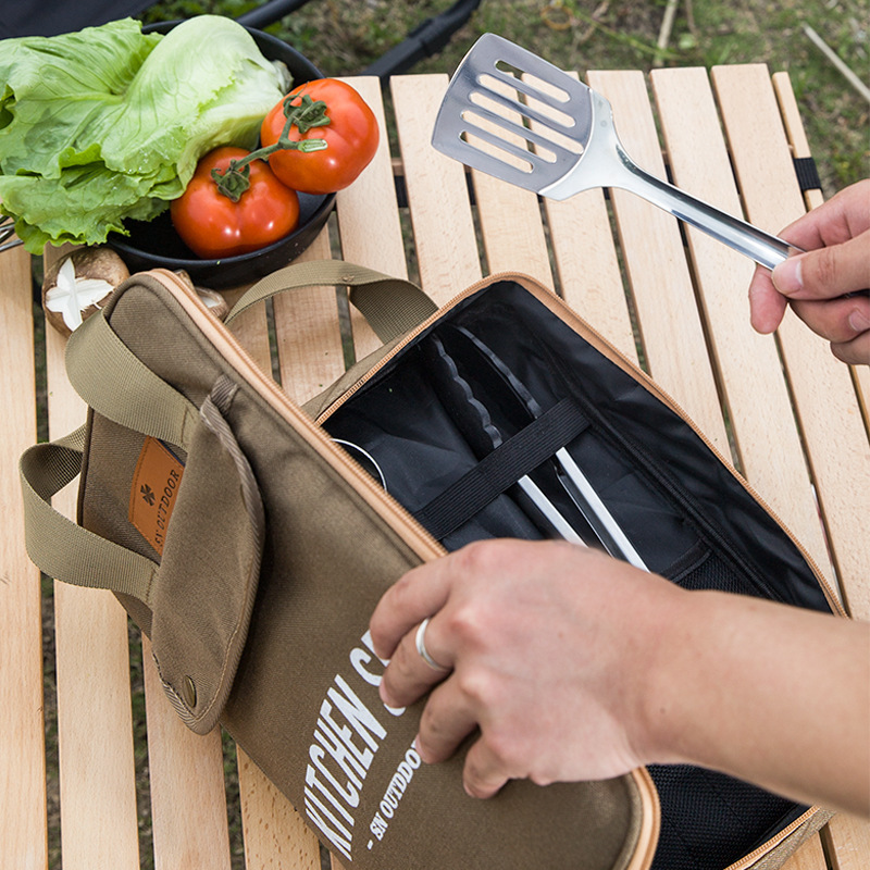 Camping Cooking Equipment Bag - 8-delige campingkeukenset met draagtas, outdoor reisbestek