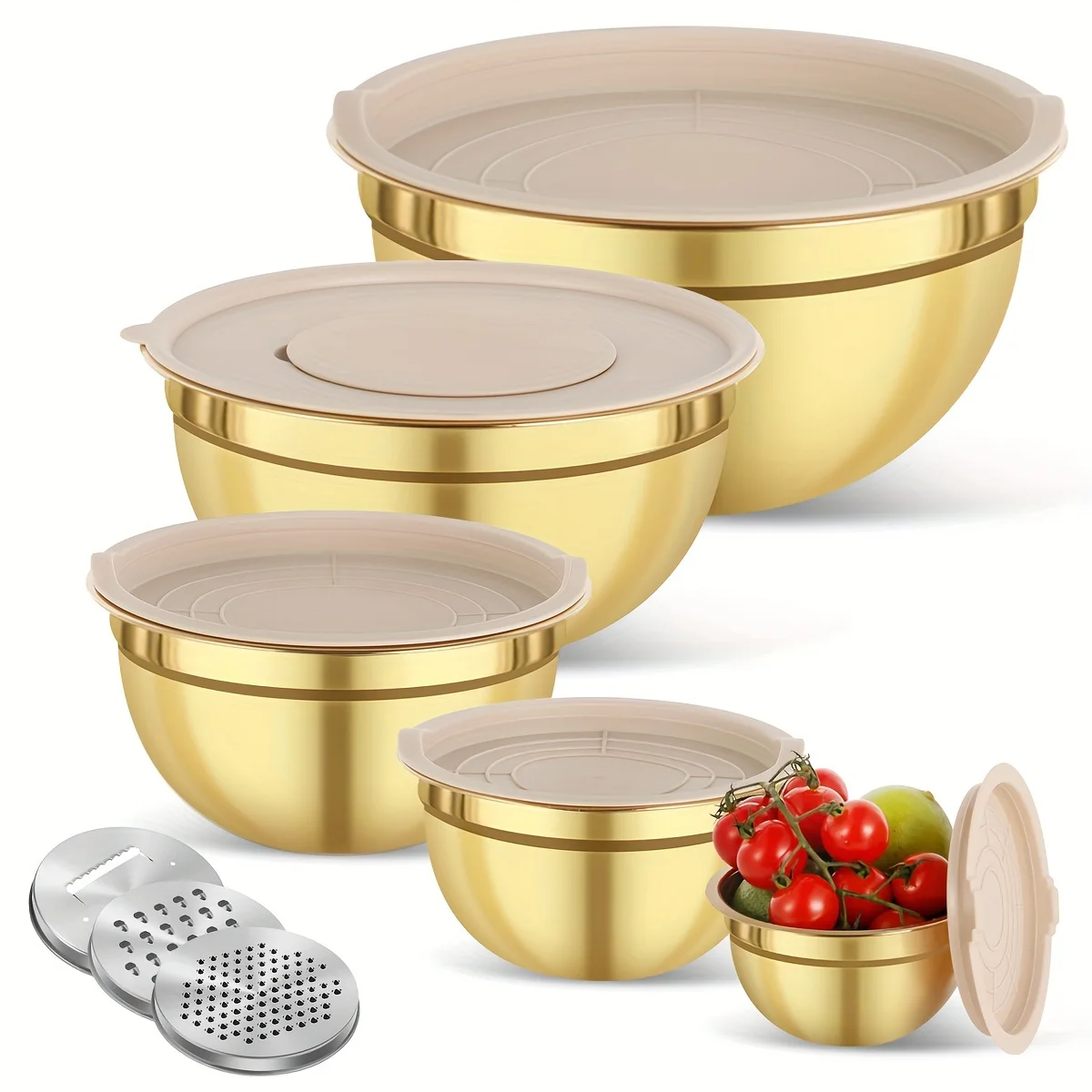 Camping Cooking Tool Set - 10-delige gouden roestvrijstalen mengkomset met deksel