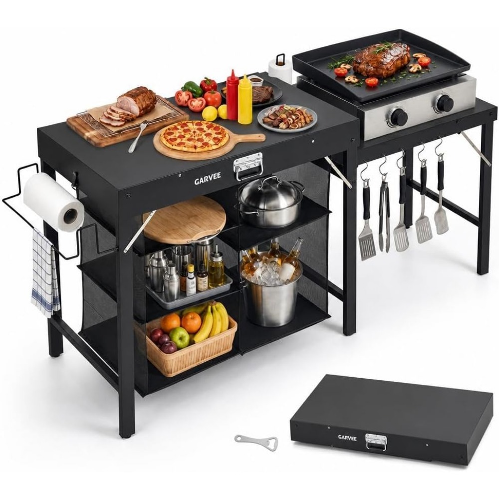Camping Cooking Table - Opvouwbare metalen grilltafel met zijuitbreiding en